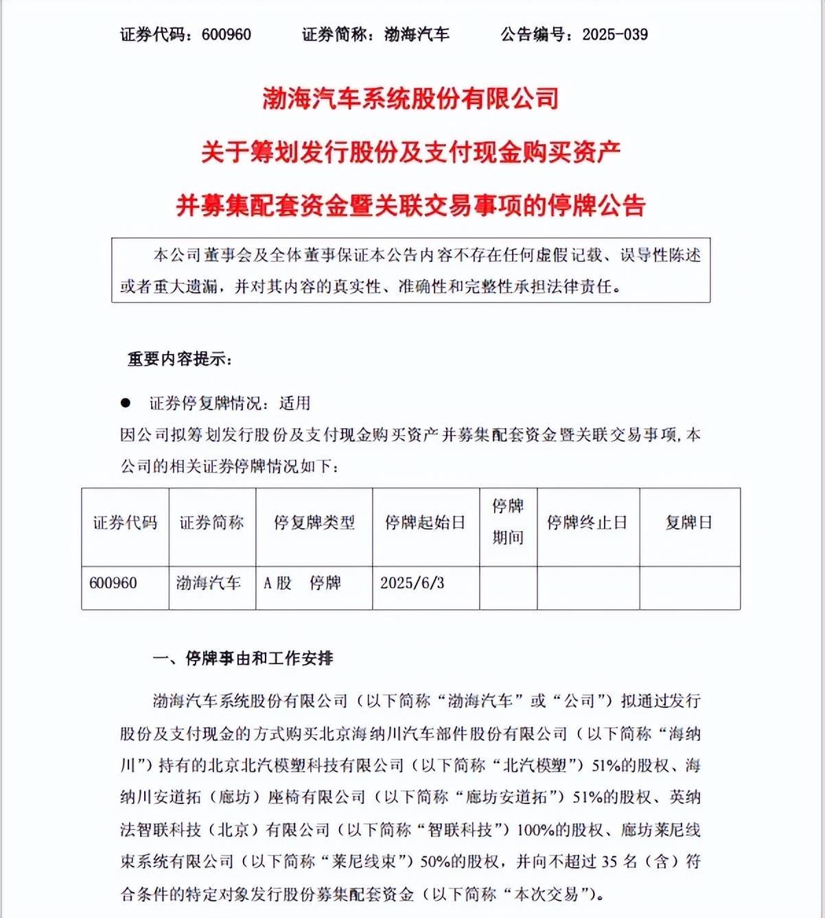 渤海汽车拟筹划重大资产重组停牌